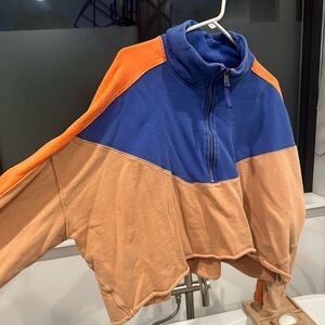 Free people large cropped orange blue tan half zip sweatshirt